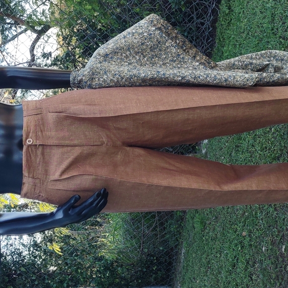 Pierre Garcia Men's Luxury Linen Mustard Color Pleated Trousers - Picture 5 of 17